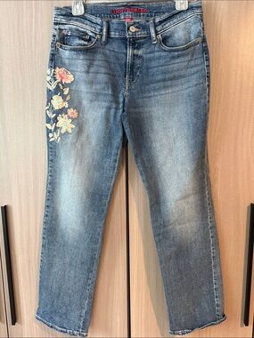 Lucky Brand Medium Blue Straight Jeans with Floral Embroidery